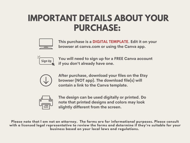 Puede incluir: Gr&aacute;fico beige con el texto &laquo;DETALLES IMPORTANTES SOBRE SU COMPRA:&raquo; e instrucciones para una plantilla digital. Incluye iconos de una computadora, un bot&oacute;n de registro, una flecha de descarga y una impresora.
