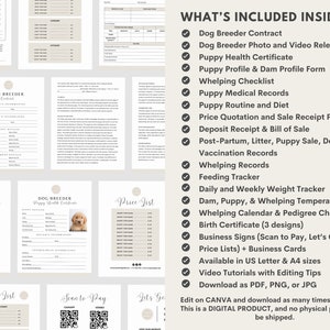 May include: A collection of printable dog breeder forms and documents, including contracts, health certificates, and price lists. The forms are in a neutral color palette with a clean, minimalist design. The image also includes a list of included items.