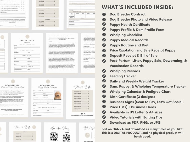 May include: A collection of printable dog breeder forms and documents, including contracts, health certificates, and price lists. The forms are in a neutral color palette with a clean, minimalist design. The image also includes a list of included items.