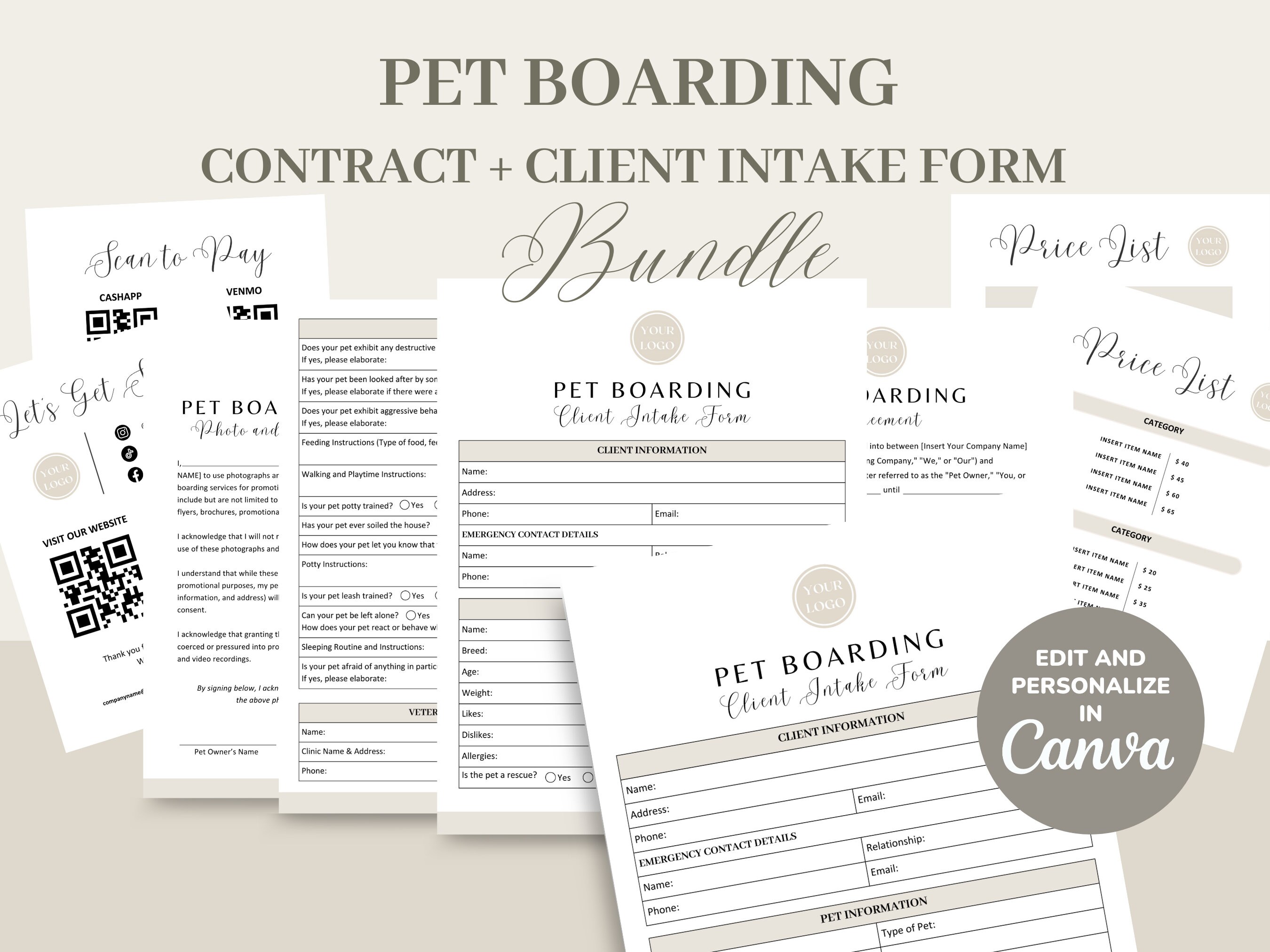 Pet Boarding Service Agreement/Contract Template, Editable & Printable Dog Boarding Business New Client Intake Form, Invoice, CANVA