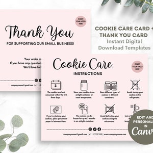 Canva-Vorlage für Cookie-Pflege-Anleitungskarten, bearbeitbarer und druckbarer Cookie-Pflege-Leitfaden, digitaler Download, Bäckerei-Dankeschön-Karte ROSA