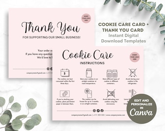 Cookie Care Instruction Cards Canva Template, Editable & Printable Cookie Care Guide Digital Download, Bakery Thank You Card PINK