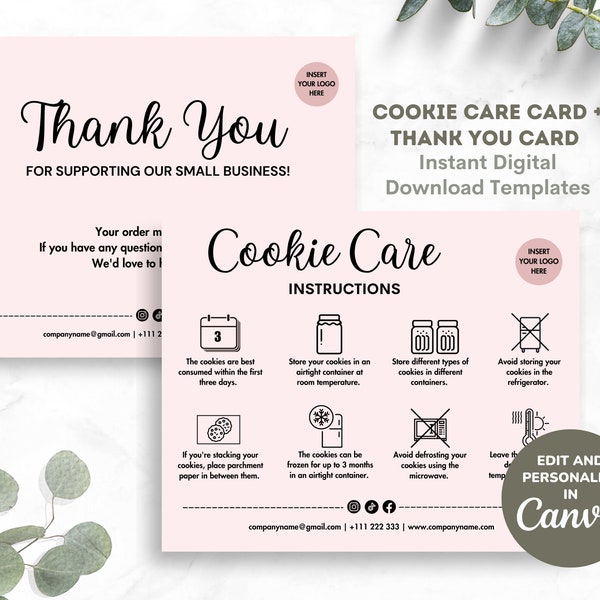 Cookie Care Instruction Cards Canva Template, Editable & Printable Cookie Care Guide Digital Download, Bakery Thank You Card PINK