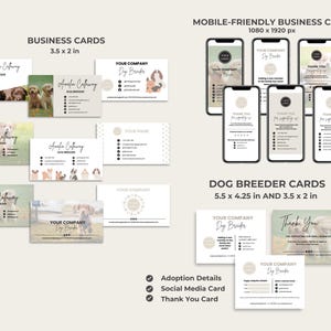 May include: A set of business cards for a dog breeder. The cards are designed in a light green and brown color scheme with a photo of a dog on each card. The cards are available in two sizes: 3.5 x 2 inches and 5.5 x 4.25 inches. The cards include information about the breeder's company, contact information, and a thank you message.