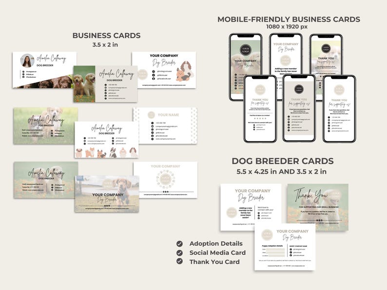 May include: A set of business cards for a dog breeder. The cards are designed in a light green and brown color scheme with a photo of a dog on each card. The cards are available in two sizes: 3.5 x 2 inches and 5.5 x 4.25 inches. The cards include information about the breeder's company, contact information, and a thank you message.