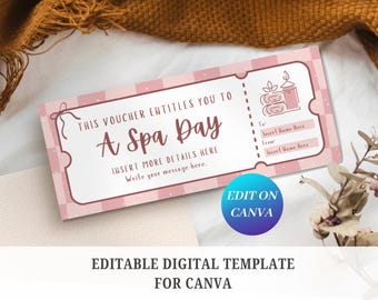 以下が含まれることがあります： 「This voucher entitles you to A Spa Day」というテキストが入った、ピンクと白のスパデイバウチャーテンプレート。テンプレートには詳細とメッセージを挿入するスペースがあります。「Edit on Canva」という言葉も表示されています。