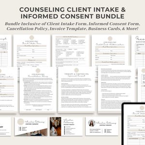 Intakeformulier counseling cliënt, sjabloon voor geïnformeerde toestemming psychotherapie/counseling, bewerkbaar annuleringsbeleid geestelijke gezondheidszorg CANVA