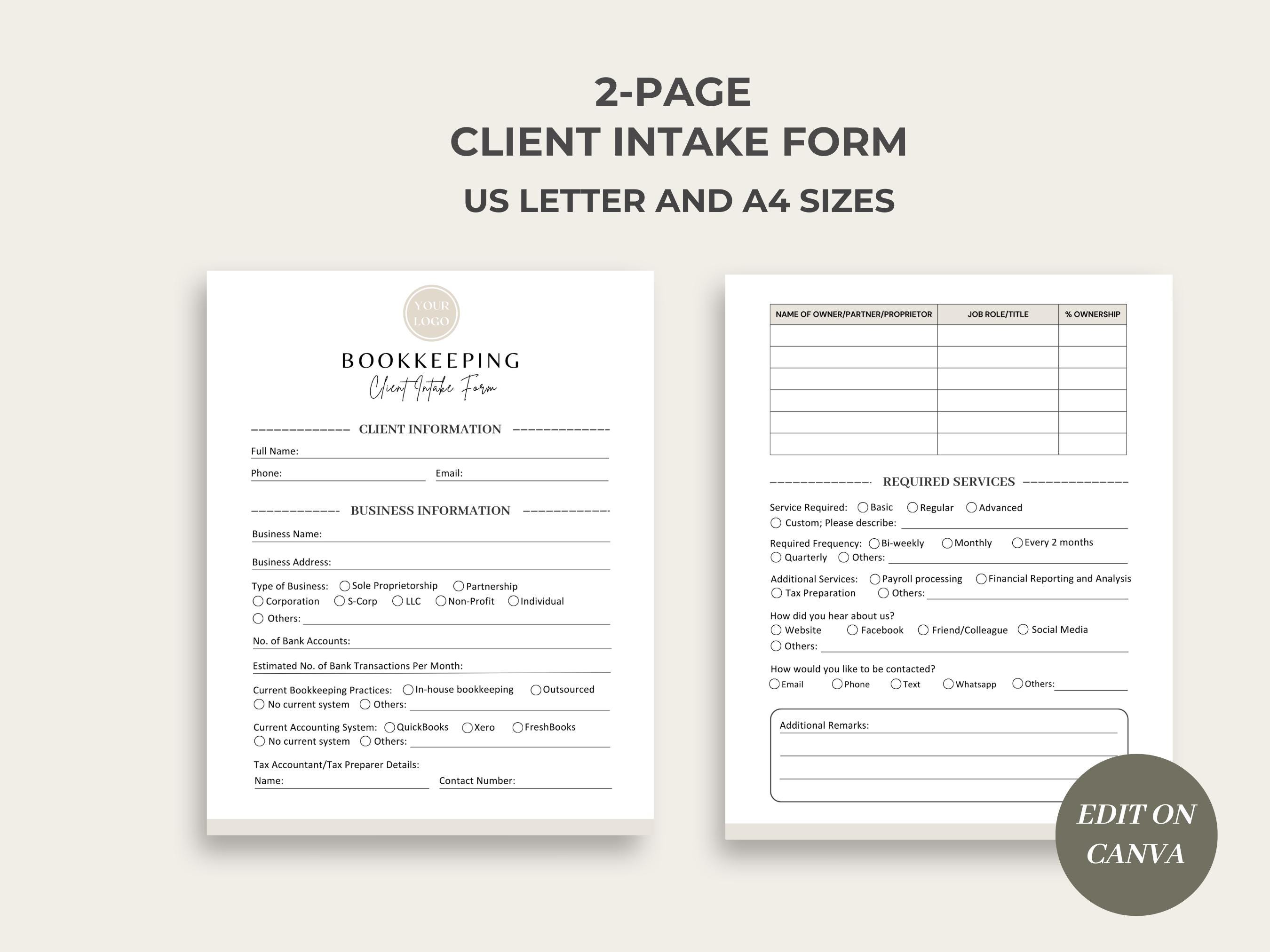 Bookkeeping Service Contract, Freelance Bookkeeper Client Intake Form ...