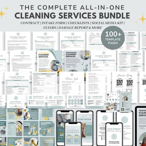 Cleaning Service Contract/Agreement Template, Cleaning Business Bundle Intake Form, Cleaning Checklist, Price List, Social Media Post, CANVA