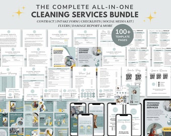 Cleaning Service Contract/Agreement Template, Cleaning Business Bundle Intake Form, Cleaning Checklist, Price List, Social Media Post, CANVA