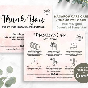Macaron Care Card Instructions Canva Template, Instant Download Digital Macaron Care Guide, Editable & Printable Wedding Macarons Care