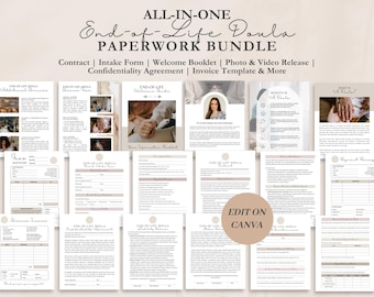 End of Life Doula Contract Agreement, Doula Client Intake Form, Editable Paperwork, Welcome Book/Packet, Questionnaire, Invoice, CANVA