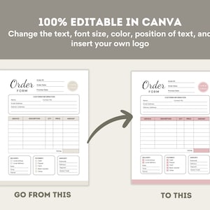 May include: Editable order form template in Canva. The form includes sections for customer information, service description, quantity, price, amount, delivery, payment, and total. The form is designed with a pink and white color scheme.