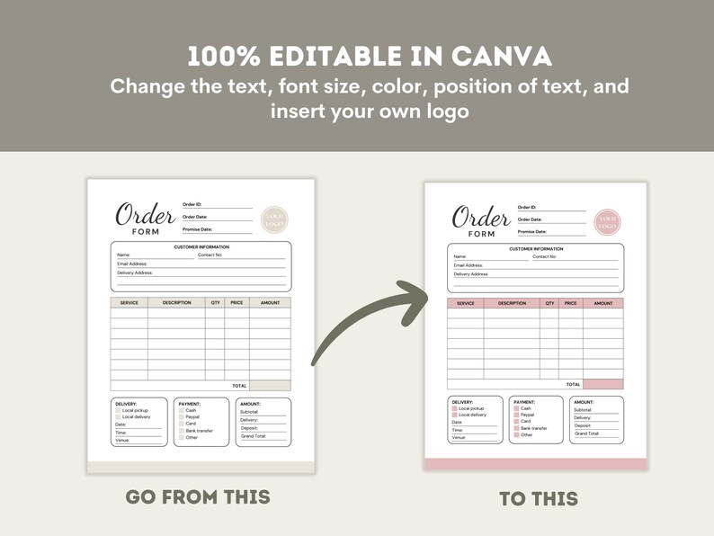 May include: Editable order form template in Canva. The form includes sections for customer information, service description, quantity, price, amount, delivery, payment, and total. The form is designed with a pink and white color scheme.