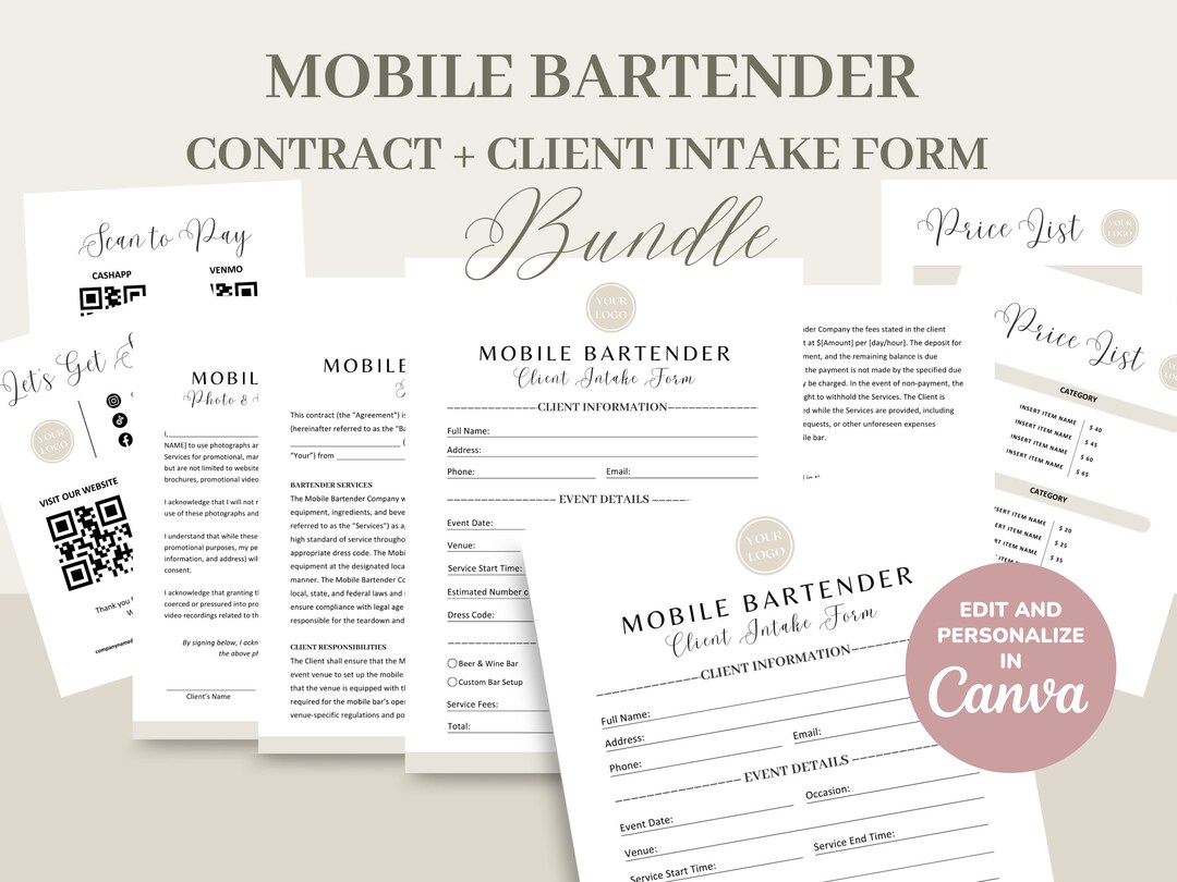 Mobile Bartender Service Contract/ Agreement Form, Canva Editable