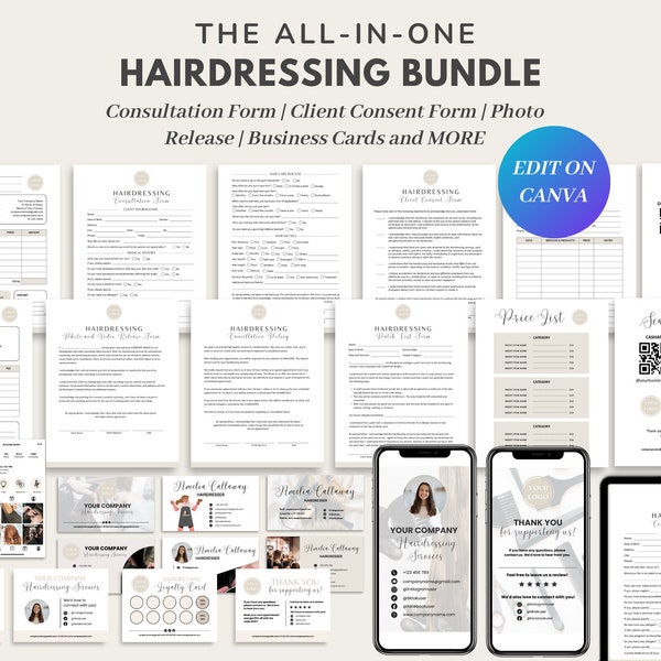 Hairdressing Intake & Consultation Forms, Hairdresser/Hairstylist Contract, Haircut Agreement, New Client Form, Salon Invoice Form, CANVA