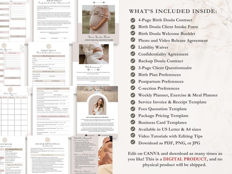 Birth Doula Contract Agreement, Birth Doula Client Intake Form, Editable Paperwork, Welcome Book, Price List Template, Invoice, CANVA image 2