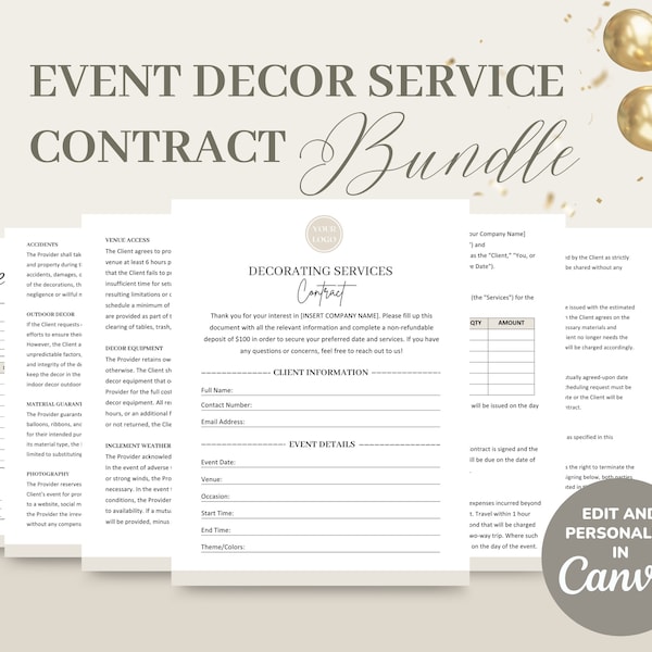 Contrato de servicios de decoración de eventos, acuerdo de servicio al cliente, factura de alquiler de decoración de bodas/planificación de eventos editable e imprimible, formulario de pedido