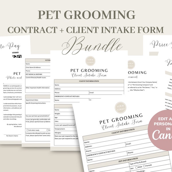 Pet Grooming Service Agreement/Contract Template, Editable & Printable Dog Grooming/Cat Cleaning New Client Intake Form, Invoice, CANVA