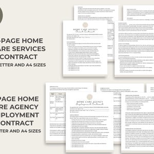 May include: A collage of documents with the text "Home Care Agency Contract" and "Home Care Services Contract" in a beige and brown colour scheme. The documents are for 4 and 5 pages and are available in US Letter and A4 sizes.