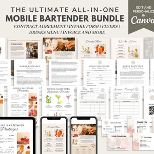 May include: A digital marketing kit for mobile bartenders. The kit includes a contract agreement, intake form, flyers, drinks menu, invoice, and more. The kit is customizable in Canva.