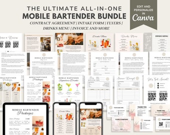 Mobile Barkeeper Service Vertrag / Vereinbarung Form, Canva Bearbeitbare Vorlage, Event Barkeeper Bedingungen, Bar Getränkekarte, Preisliste, Flyer