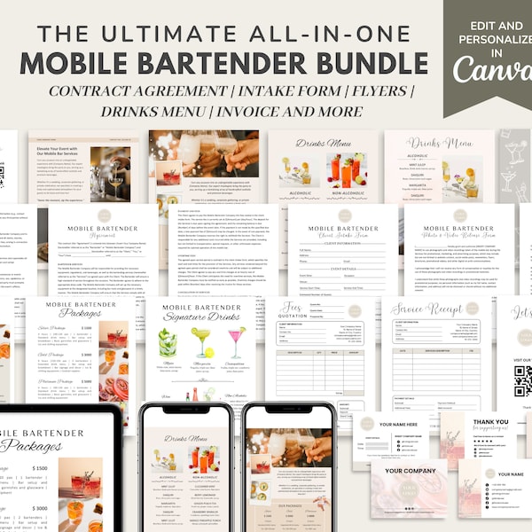 Mobile Bartender Service Contract/ Agreement Form, Canva Editable Template, Event Bartending Terms, Bar Drinks Menu, Price List, Flyer