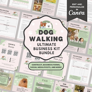 Pode incluir: Um kit de marketing digital para empresas de passeadores de cães. O kit inclui um contrato, uma lista de preços, postagens de mídia social e muito mais. O kit foi projetado para ser editado e personalizado no Canva.
