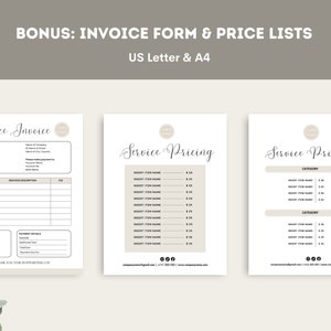 May include: A printable invoice form and two service pricing lists. The invoice form has fields for customer information, date, service description, and fee. The pricing lists have sections for categories and item names with prices.