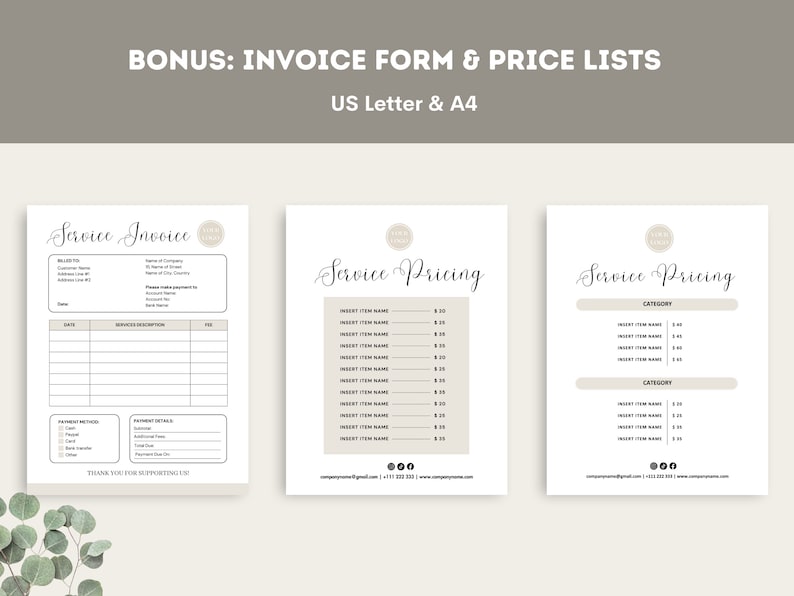 May include: A printable invoice form and two service pricing lists. The invoice form has fields for customer information, date, service description, and fee. The pricing lists have sections for categories and item names with prices.