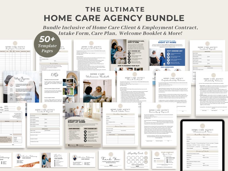 May include: A collection of 50+ printable templates for a home care agency. The templates include a client contract, employment contract, intake form, care plan, welcome booklet, and more.