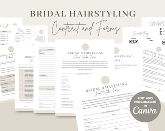 Plantilla de contrato de peluquería nupcial, contrato de servicios de salón de belleza para bodas, términos y condiciones editables para peluqueros independientes de novias, CANVA