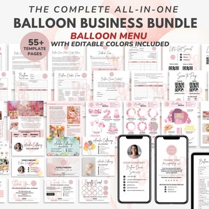 Paquete de negocios de globos, formulario de pedido de globos, plantilla de contrato de decoración de artistas con globos, tarjeta de presentación, menú de globos y hoja de precios de guirnaldas CANVA