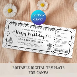 Buono/Biglietto regalo di compleanno modificabile, Voucher sorpresa modificabile per Canva, Modello regalo dell'ultimo minuto da stampare a casa, Certificato regalo digitale