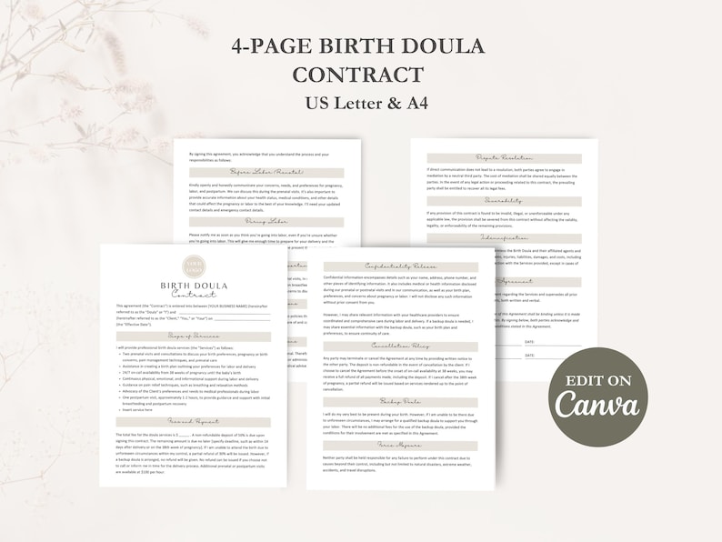 Birth Doula Contract Agreement, Birth Doula Client Intake Form, Editable Paperwork, Welcome Book, Price List Template, Invoice, CANVA image 3