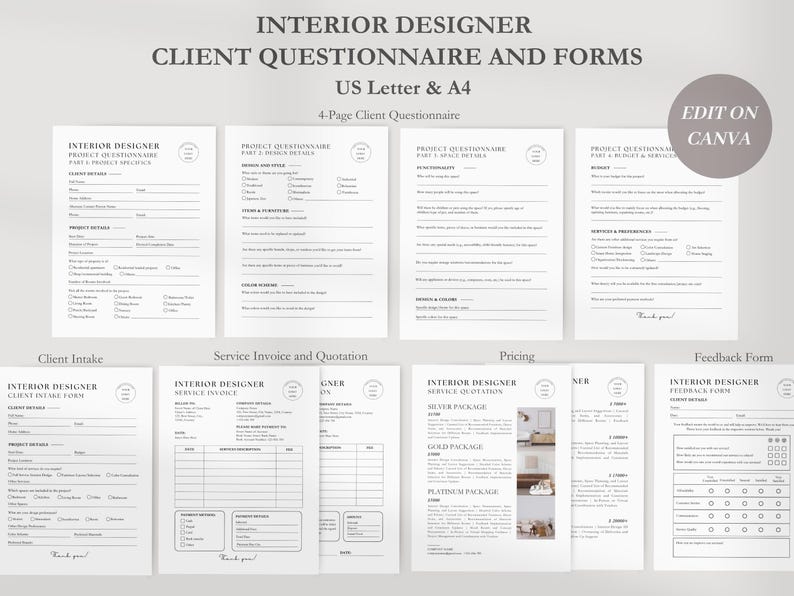 May include: A set of printable forms for interior designers, including a client intake form, service invoice and quotation, pricing guide, and feedback form. The forms are designed in a minimalist style with black text on a white background.