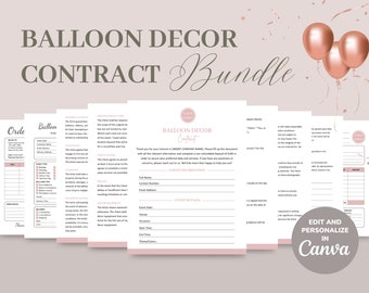 Modello di contratto per artista di palloncini, contratto aziendale per decorazione di palloncini, contratto per stilista di palloncini modificabile e stampabile, modulo d'ordine/fattura CANVA