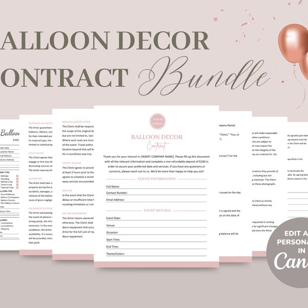 Balloon Artist Contract Template, Balloon Decor Business Contract, Editable & Printable Balloon Stylist Agreement, Order Form/Invoice CANVA