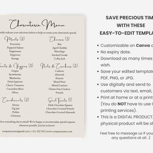 K&ouml;nnte beinhalten: Eine digitale Charcuterie-Men&uuml;vorlage mit beigem Hintergrund und eleganten Schrift&uuml;berschriften. Das Men&uuml; listet Fleisch, K&auml;se, Obst, Gem&uuml;se, N&uuml;sse, Cracker, Gew&uuml;rze und s&uuml;&szlig;e Leckereien auf. Text auf der rechten Seite wirbt f&uuml;r einfach zu bearbeitende Vorlagen.