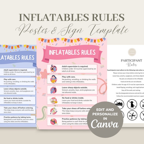 Inflatables Rental Rules Poster and Sign Template, Editable/Printable Bounce House Rules Sign Template, CANVA