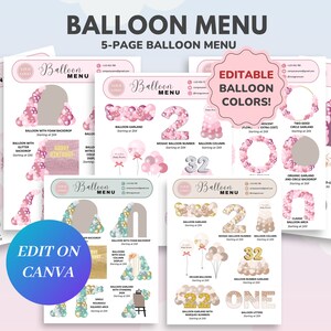 Ballon-Menüvorlage, bearbeitbare und druckbare Ballondekor-Preisliste, Ballongeschäft, Ballon-Künstlergirlanden-Preisliste, Event-Dekor CANVA