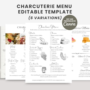 Puede incluir: Una plantilla de menú de charcutería con seis variaciones, editable y personalizable en Canva. El menú incluye opciones para carnes, quesos, frutas, verduras, frutos secos, galletas saladas, condimentos y complementos. El diseño es limpio y moderno.