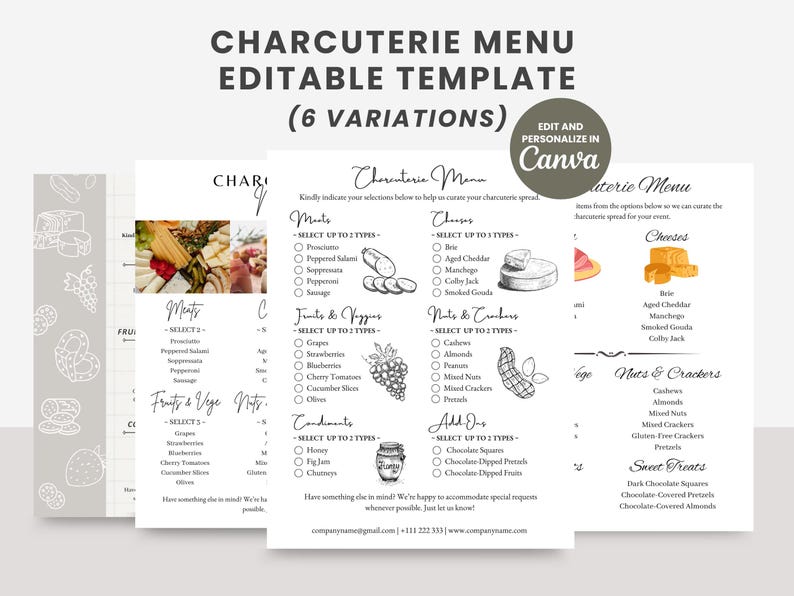 K&ouml;nnte beinhalten: Eine Charcuterie-Men&uuml;vorlage mit sechs Variationen, bearbeitbar und personalisierbar in Canva. Das Men&uuml; umfasst Optionen f&uuml;r Fleisch, K&auml;se, Obst, Gem&uuml;se, N&uuml;sse, Cracker, Gew&uuml;rze und Extras. Das Design ist sauber und modern.