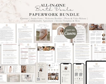Birth Doula Contract Agreement, Birth Doula Client Intake Form, Editable Paperwork, Welcome Book, Price List Template, Invoice, CANVA
