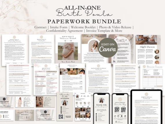 Birth Doula Contract Agreement, Birth Doula Client Intake Form, Editable Paperwork, Welcome Book, Price List Template, Invoice, CANVA