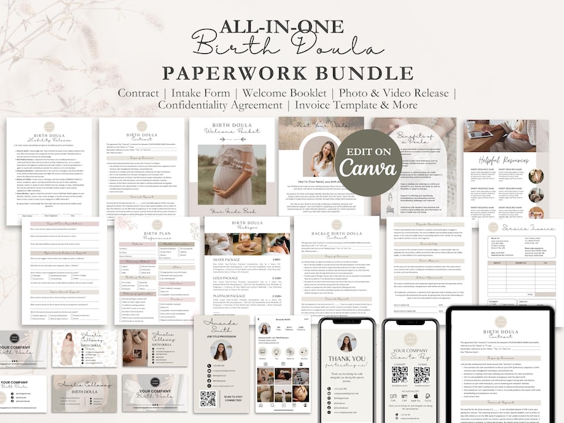 Birth Doula Contract Agreement, Birth Doula Client Intake Form, Editable Paperwork, Welcome Book, Price List Template, Invoice, CANVA image 1