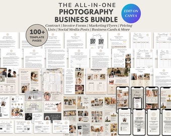 May include: A collection of 100+ photography business templates for Canva. The templates include contracts, invoices, marketing flyers, pricing lists, social media posts, business cards, and more. The templates are in a neutral colour scheme with a modern design.