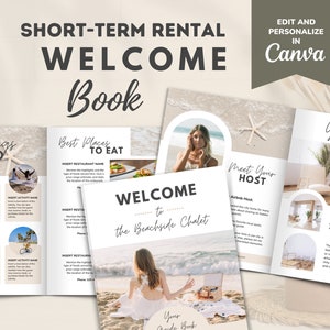 Può includere: Un libro di benvenuto per affitti a breve termine a tema spiaggia. Il libro include sezioni per "Le migliori cose da fare", "I migliori posti dove mangiare", "Incontra il tuo host" e "La tua casa". La copertina presenta una foto di una donna seduta su una spiaggia con un cavalletto da pittura e uno sfondo di spiaggia.