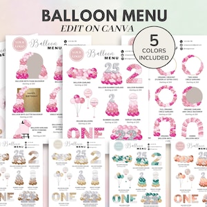 Modèle de menu ballon, liste de prix modifiable et imprimable de décoration ballon, entreprise de ballon, liste de prix de guirlande d'artiste ballon, décor d'événement CANVA