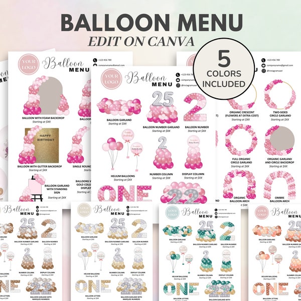 Modèle de menu ballon, liste de prix modifiable et imprimable de décoration ballon, entreprise de ballon, liste de prix de guirlande d'artiste ballon, décor d'événement CANVA